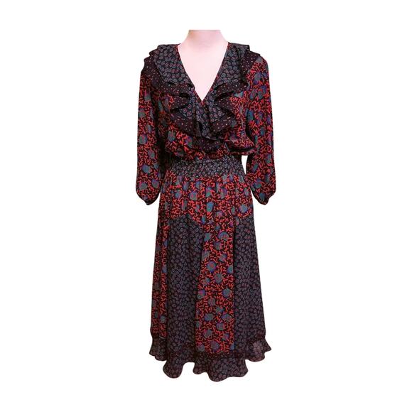 Vintage Western Boho Patchwork Ruffle Midi Dress 8 Gypsy Festival Free Spirit - Picture 5 of 14